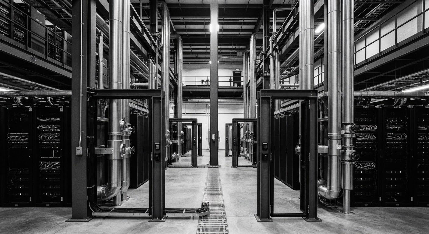 Enterprise network hardware racks in an industrial server room