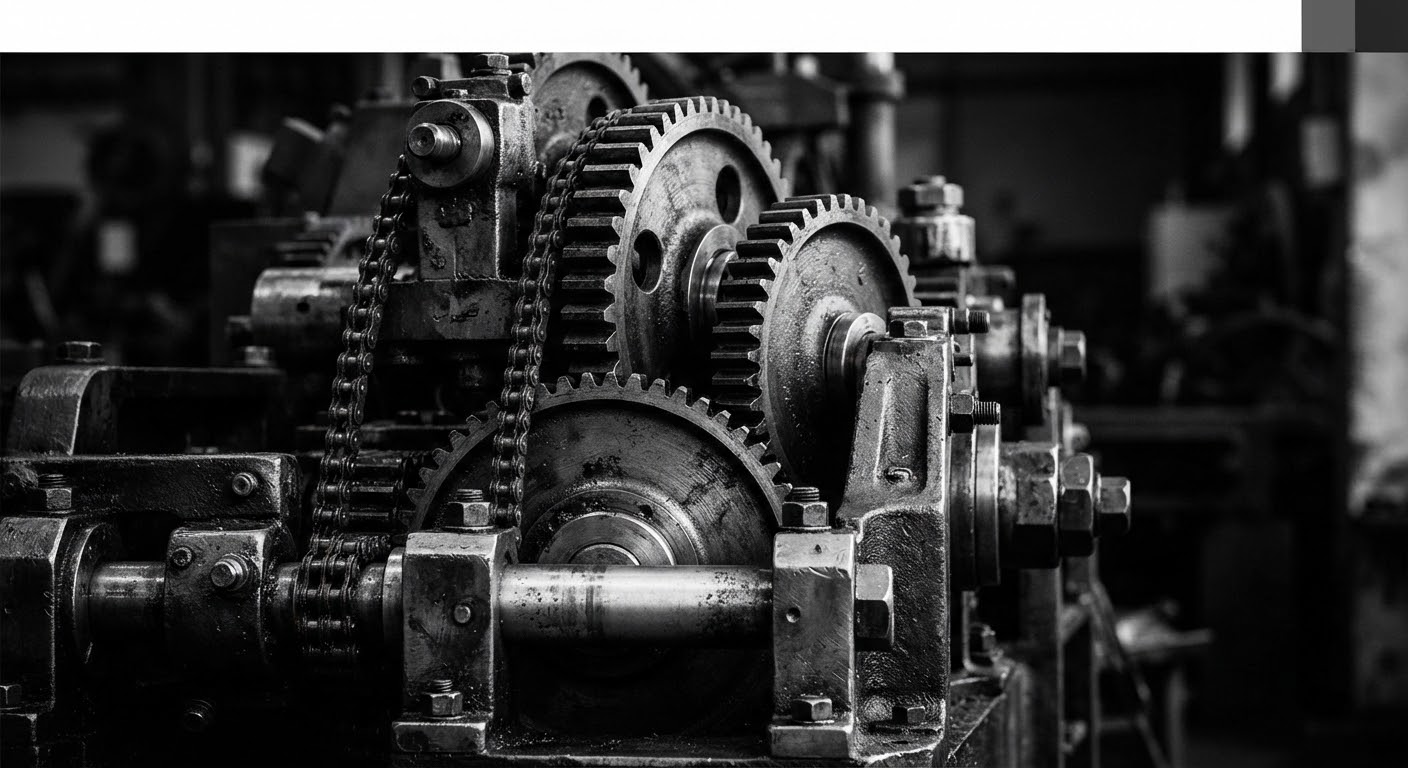 Close-up of heavy industrial machinery components and gears in high-contrast black and white, highlighting brushed steel textures and precision engineering